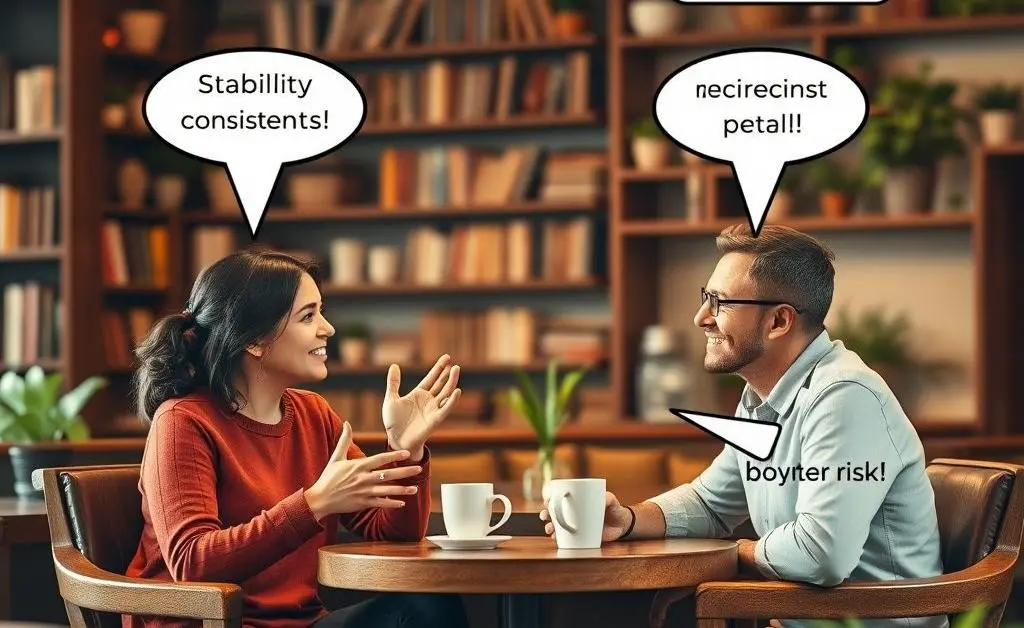 Two friends at a coffee shop discussing bonds with benefits like stability and lower risk.