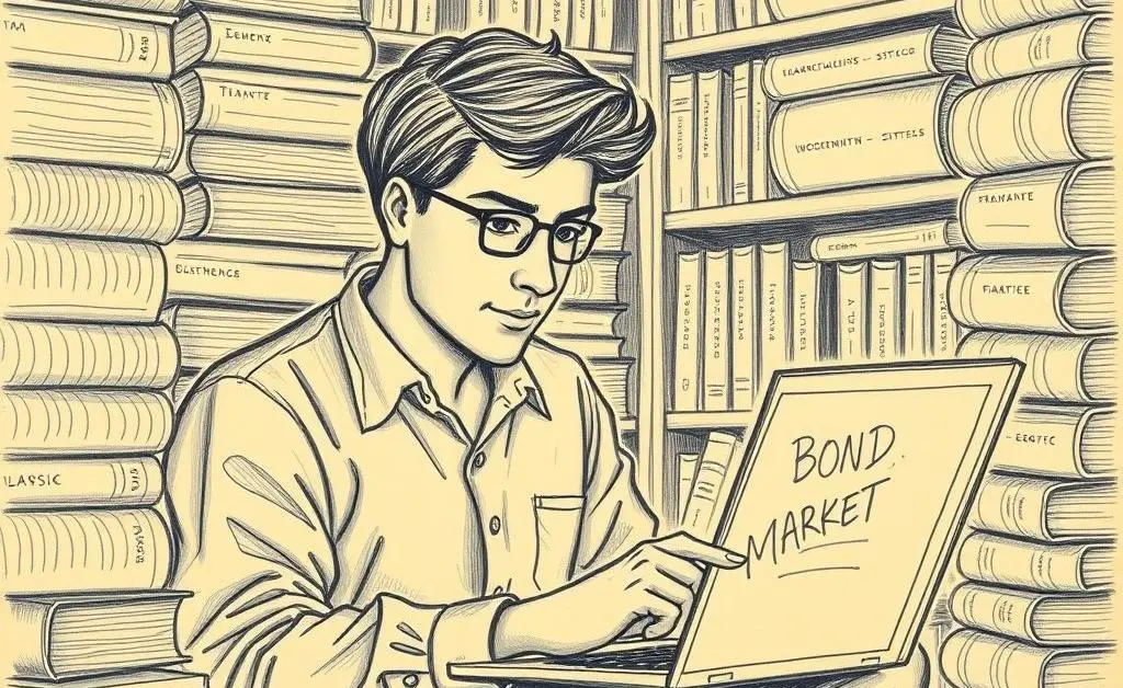 Hand-drawn aesthetic of a person researching the bond market on a laptop amidst stacks of informative books.