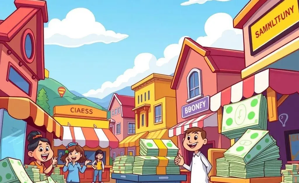 Cartoon-style landscape of a marketplace filled with bonds and treasury notes