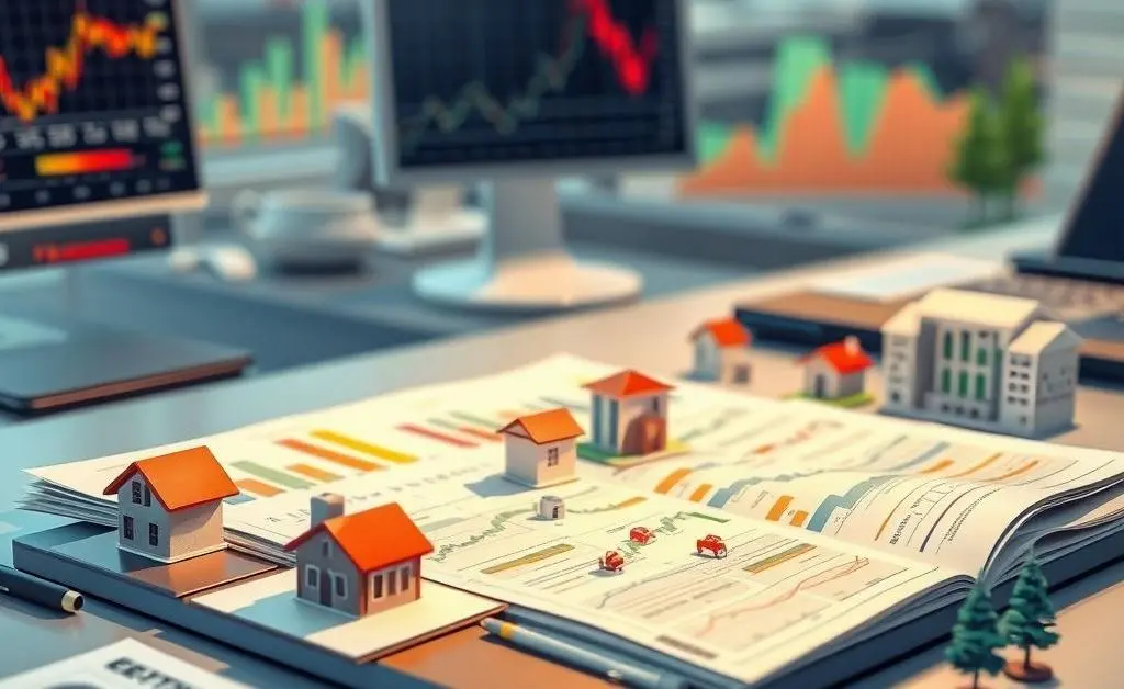 Illustration showing stocks, bonds, and real estate symbols on a table
