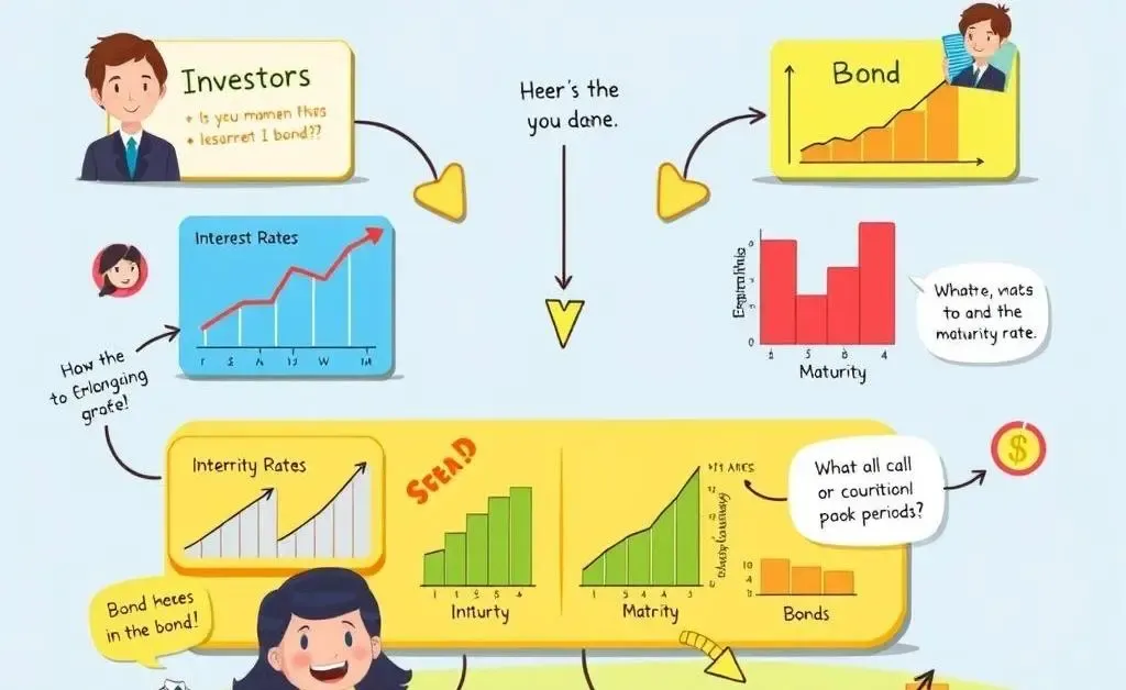 Cartoon-style image of a step-by-step guide explaining how bonds work using charts and arrows.