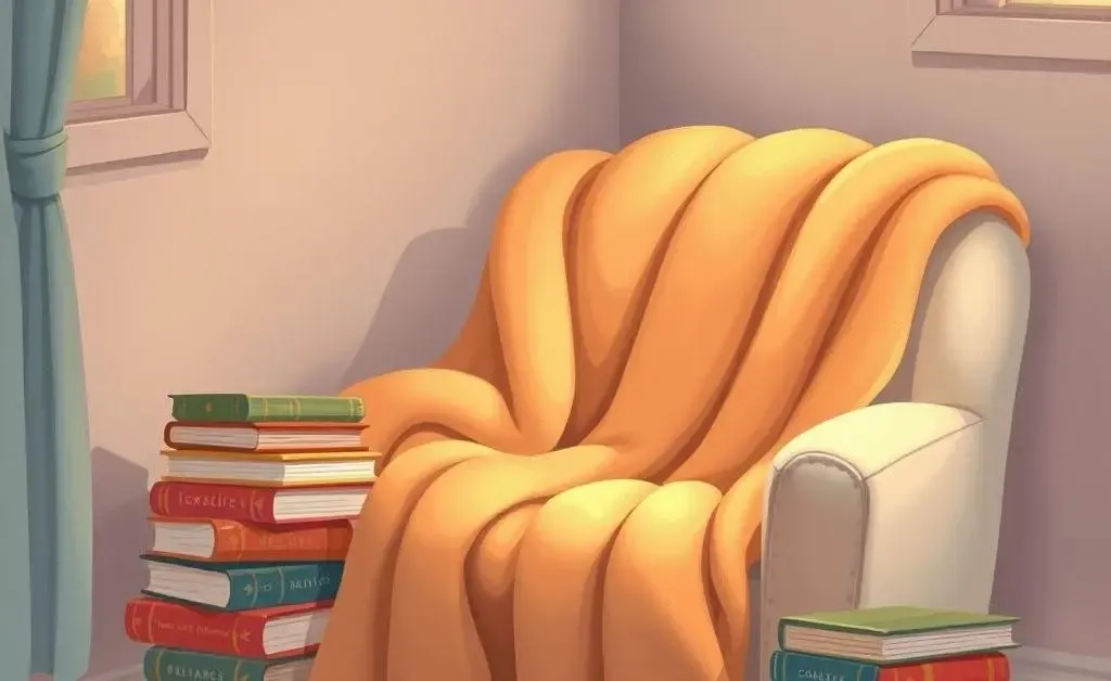 A cozy reading nook with a blanket and books