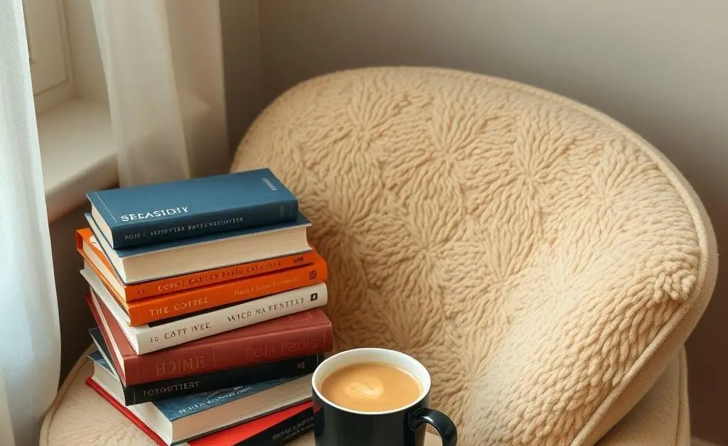 A cozy reading nook with books and coffee