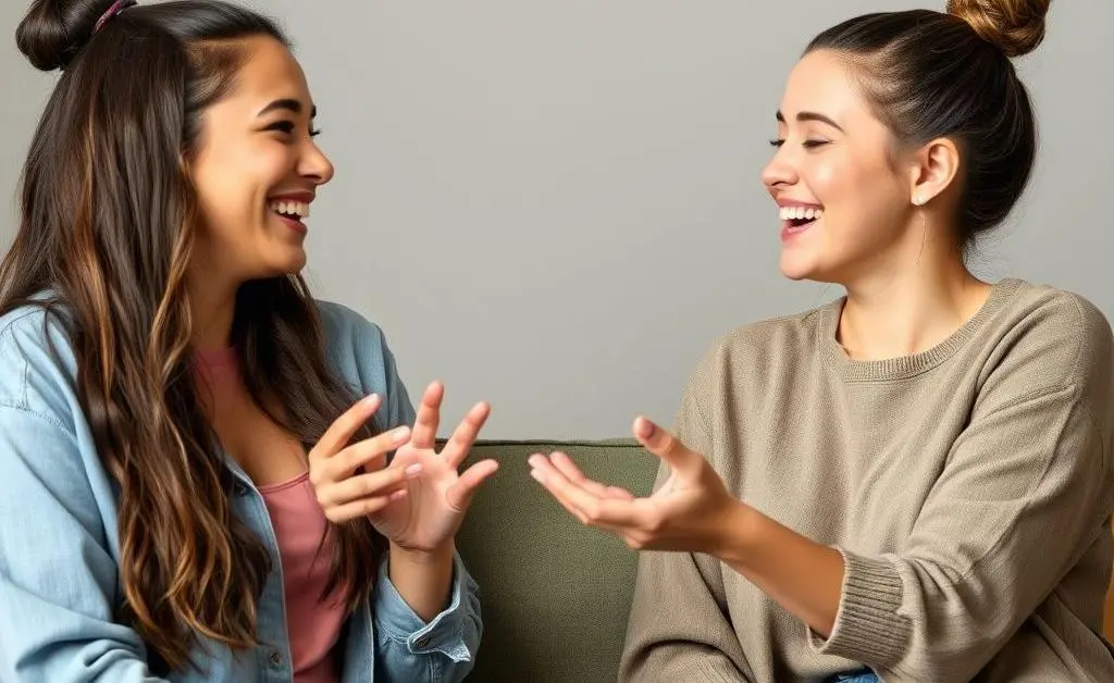 Two friends smiling while setting boundaries during a relaxed chat