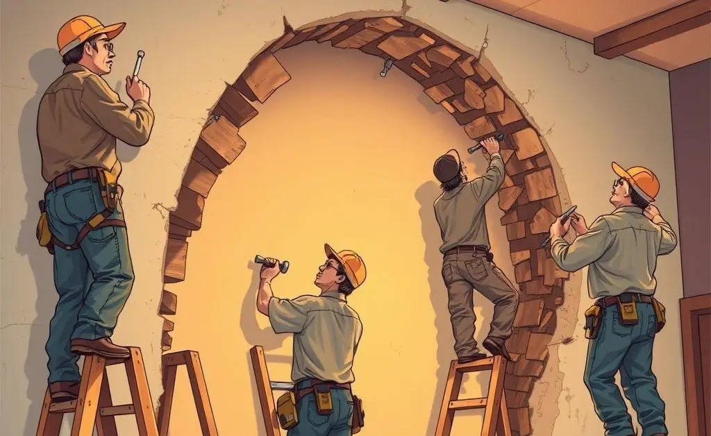 Illustration of a repair team fixing a bowed wall with tools and ladders.