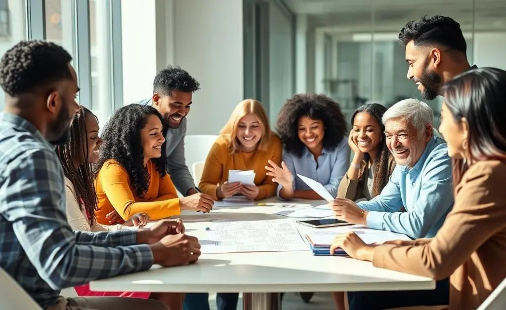 A group of diverse people brainstorming financial solutions around a table.