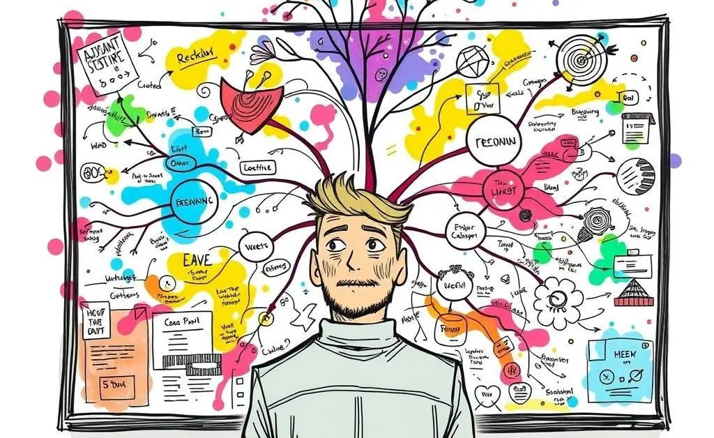 A person brainstorming with colorful mind maps.