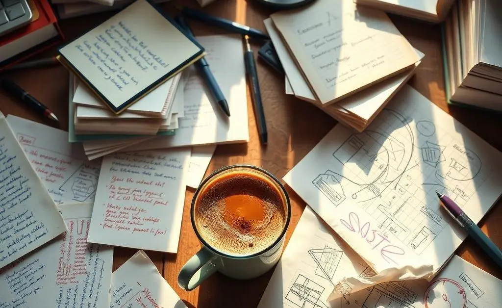 A desk with notes, a cup of coffee, and brainstorming sketches
