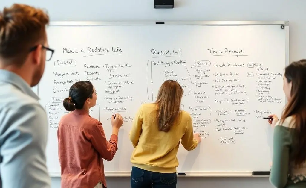 People engaged in a brainstorming session, writing on a large whiteboard.