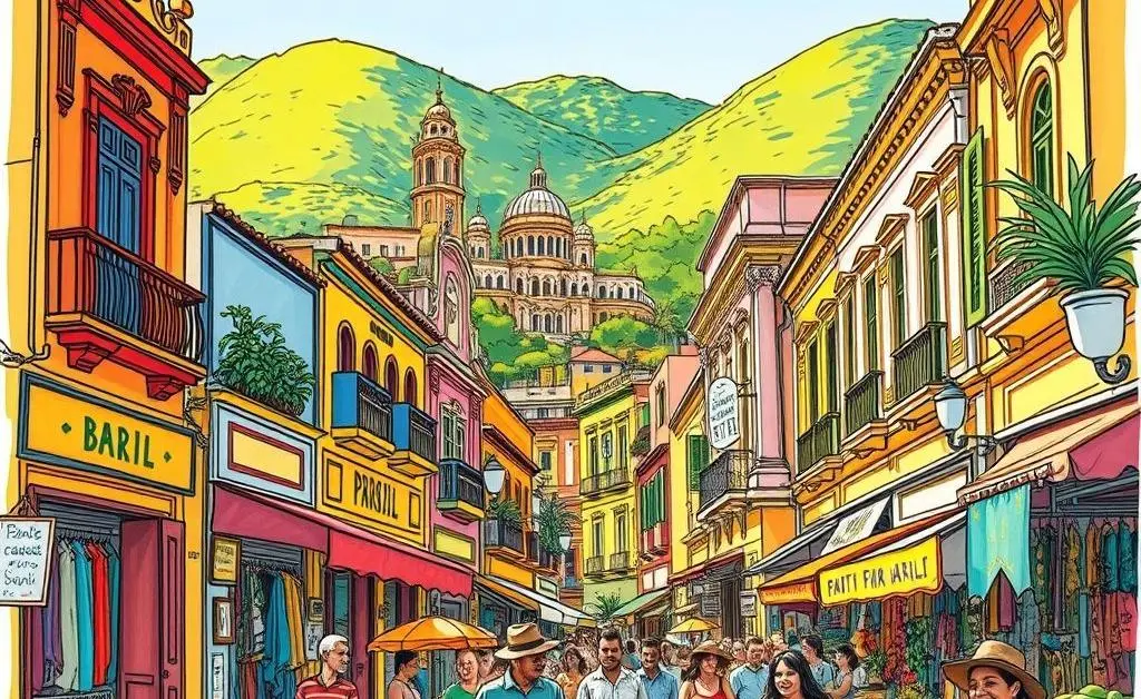 A lively Brazilian city scene with colorful buildings and a busy market area.
