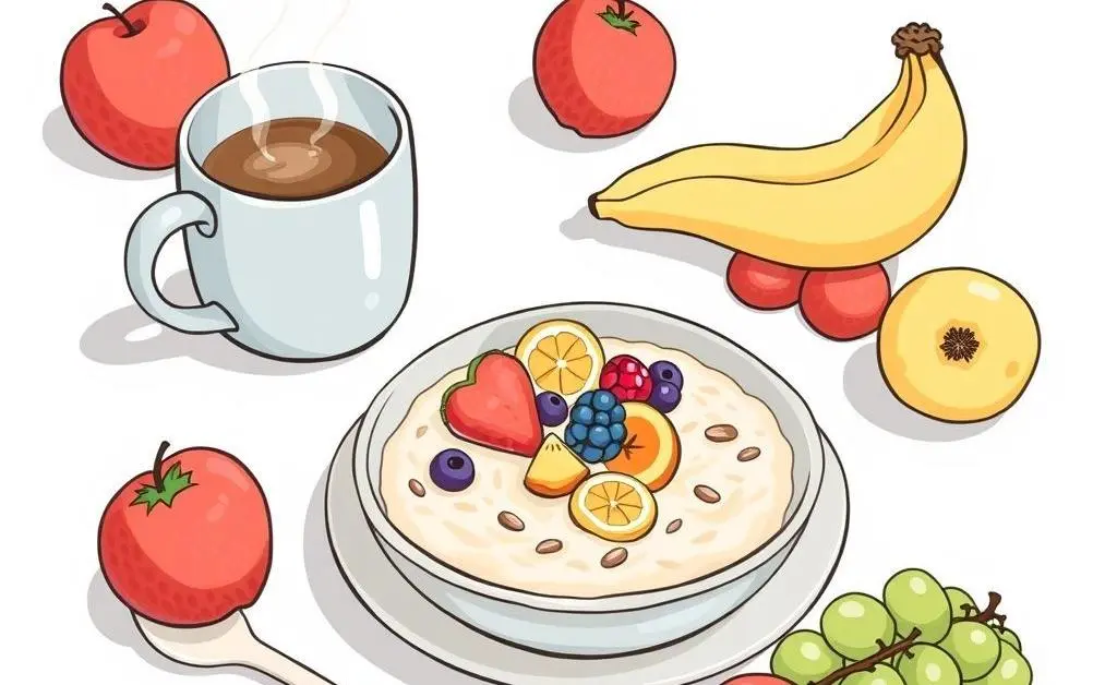 A neatly arranged breakfast table with oatmeal, fruits, and a coffee mug