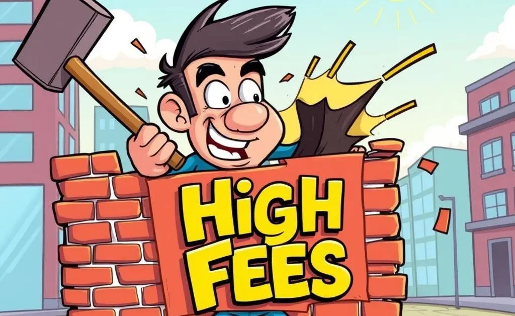 Person breaking through a wall labeled 'High Fees'.