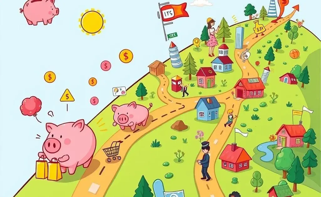 A cartoon-style map shows a path to financial independence with symbols of savings, expenses, and investments.