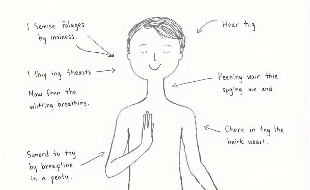 A person practicing deep breathing with floating instructions.