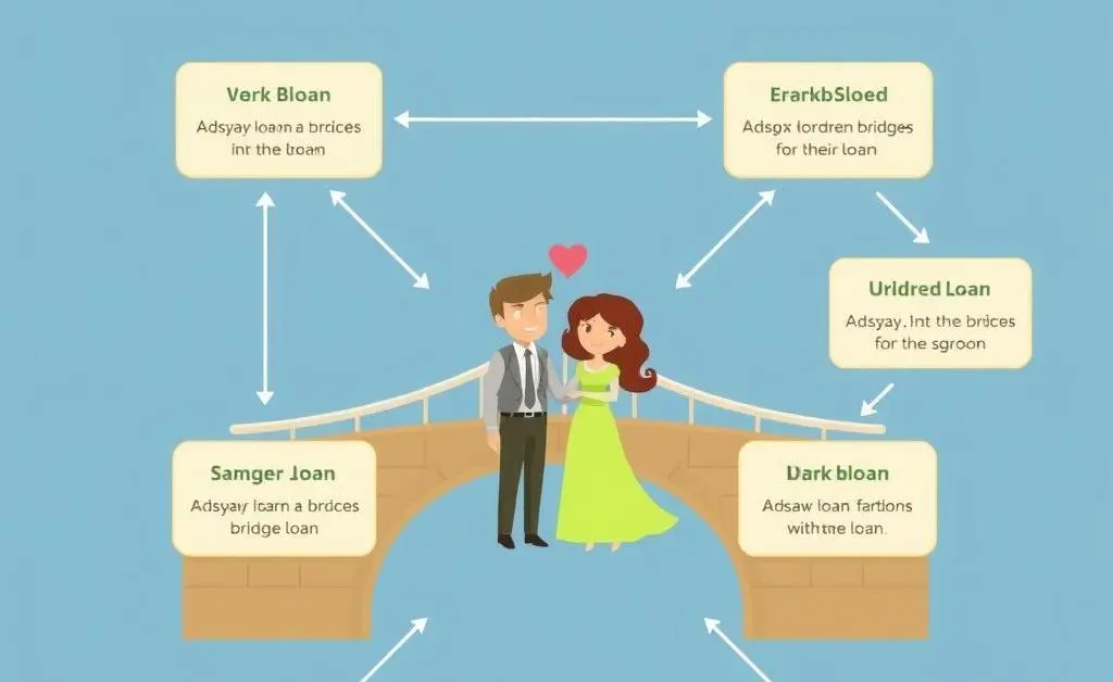 A cartoon-style flowchart showing the steps of a bridge loan process with a happy couple