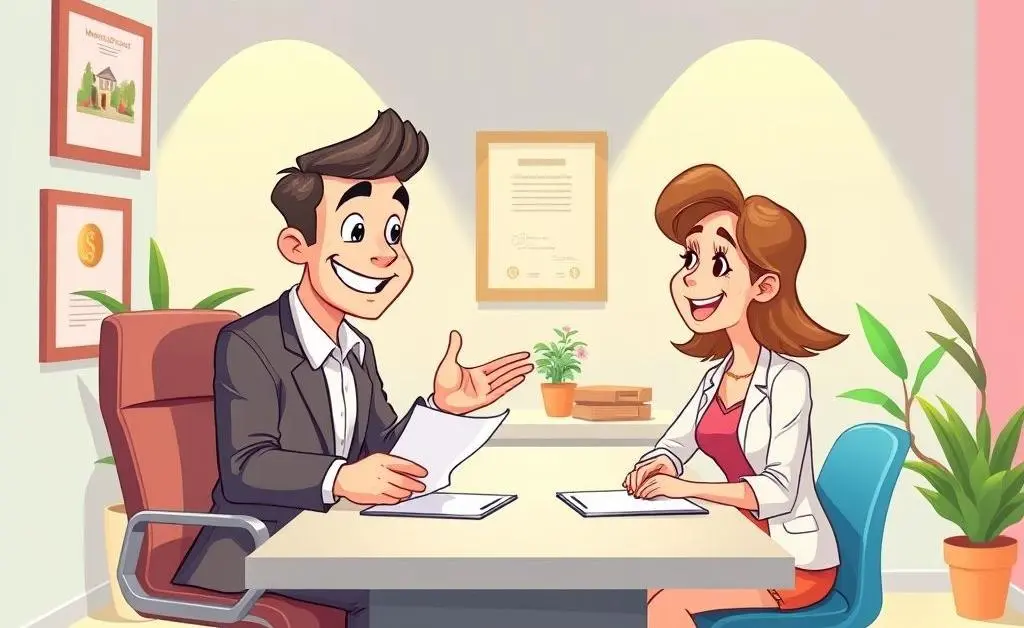 Friendly conversation between a mortgage broker and a client over a desk.