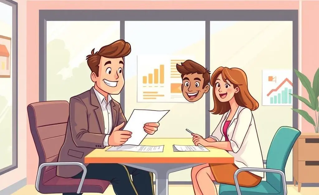 A cartoon-style image showing a meeting between a mortgage broker and a young couple.