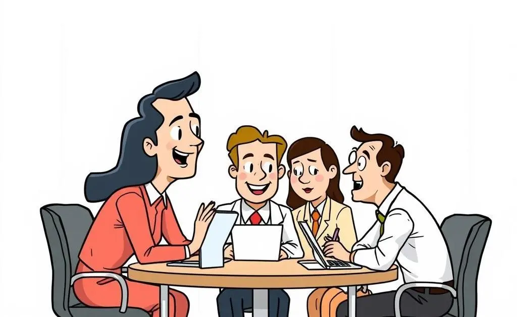Cartoon drawing of professionals collaborating at a broking firm.