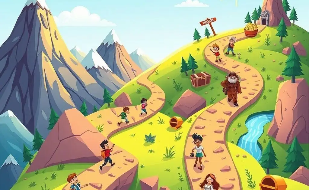 A cartoon-style adventure path showing various financial challenges and successes.