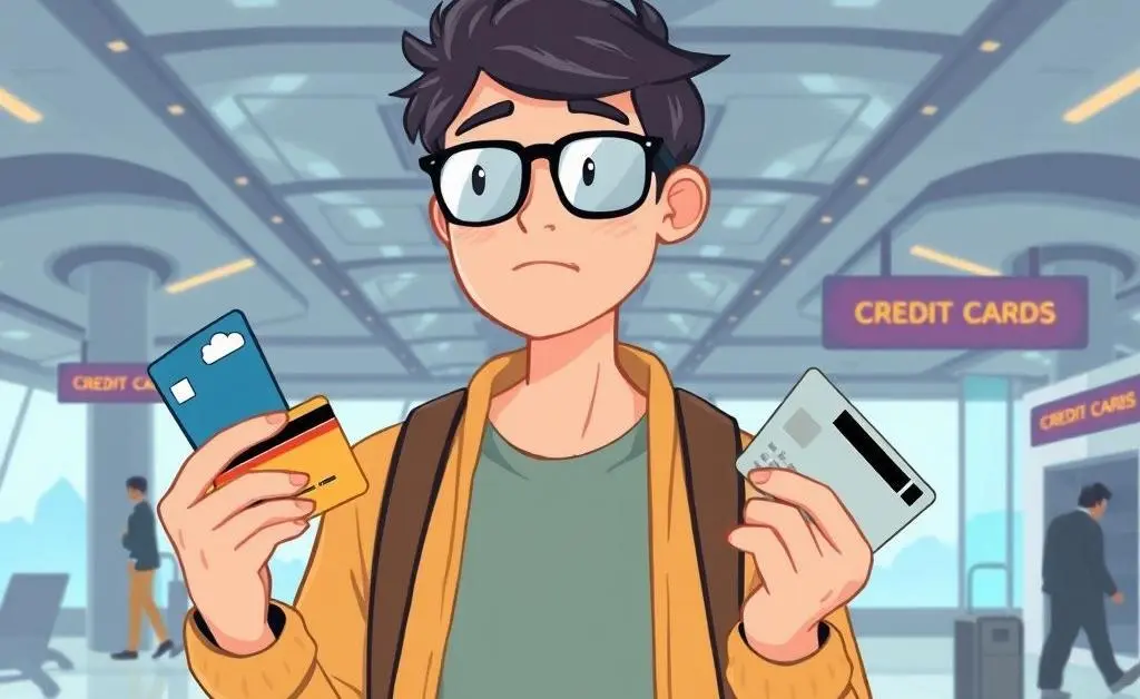 Cartoon traveler considering options at an airline ticket counter.