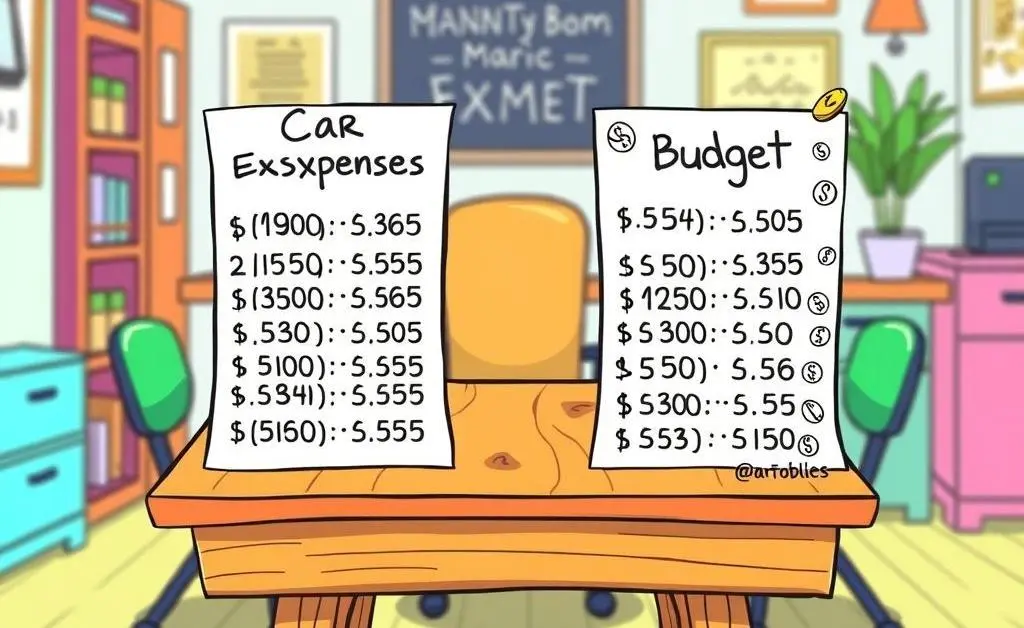 A cartoon table showing car expenses and budget planning