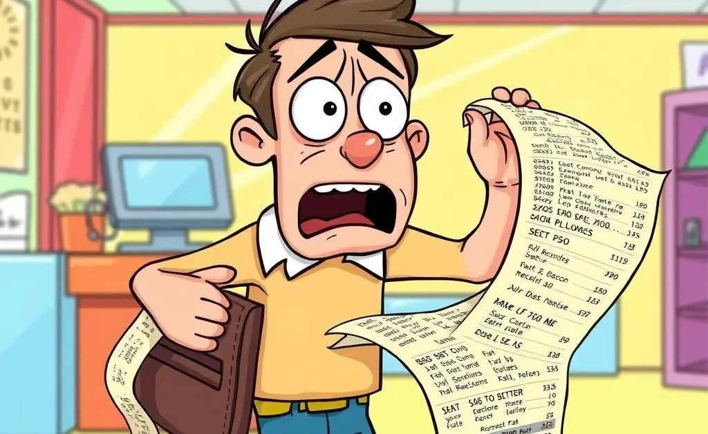 A receipt infinitely long spilling out of Tom's wallet as he panics