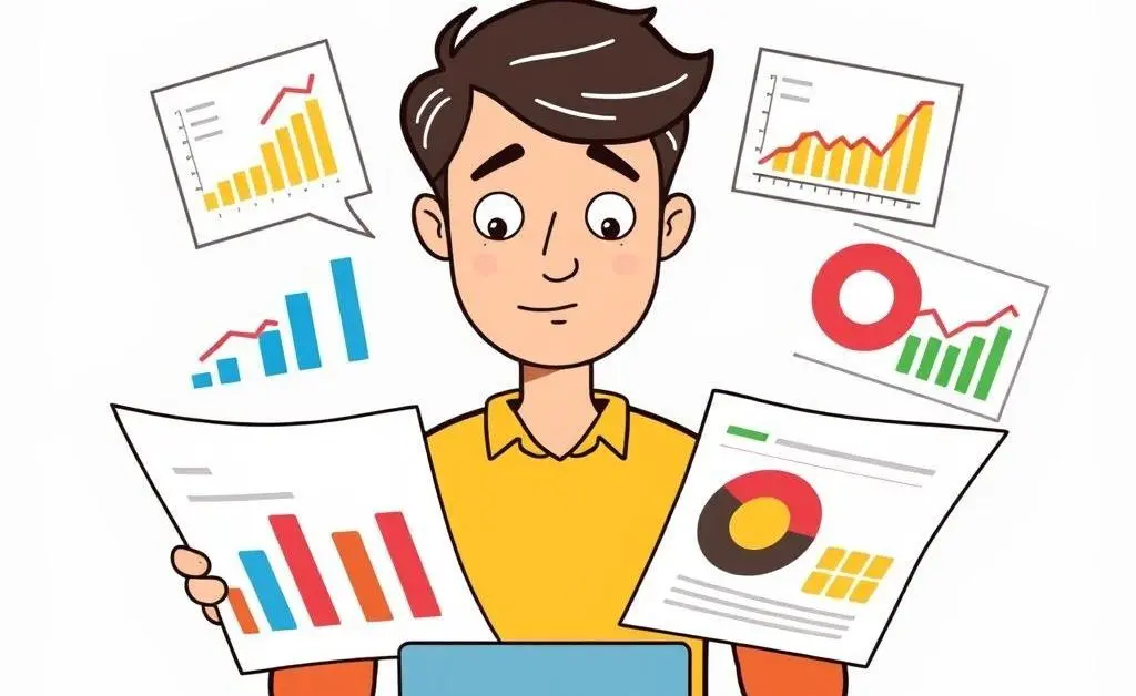 A cartoon of a person breaking down their budget using colorful charts and graphs.
