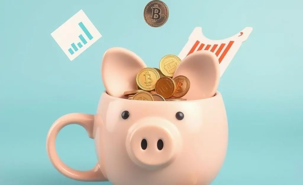 A piggy bank in the form of a coffee cup, filled with financial symbols, emulating a young adult breaking out of budgeting woes.