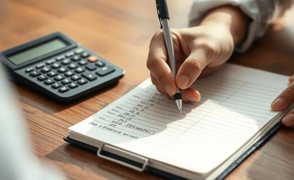 A hand writing car loan budget calculations on notepad next to a calculator