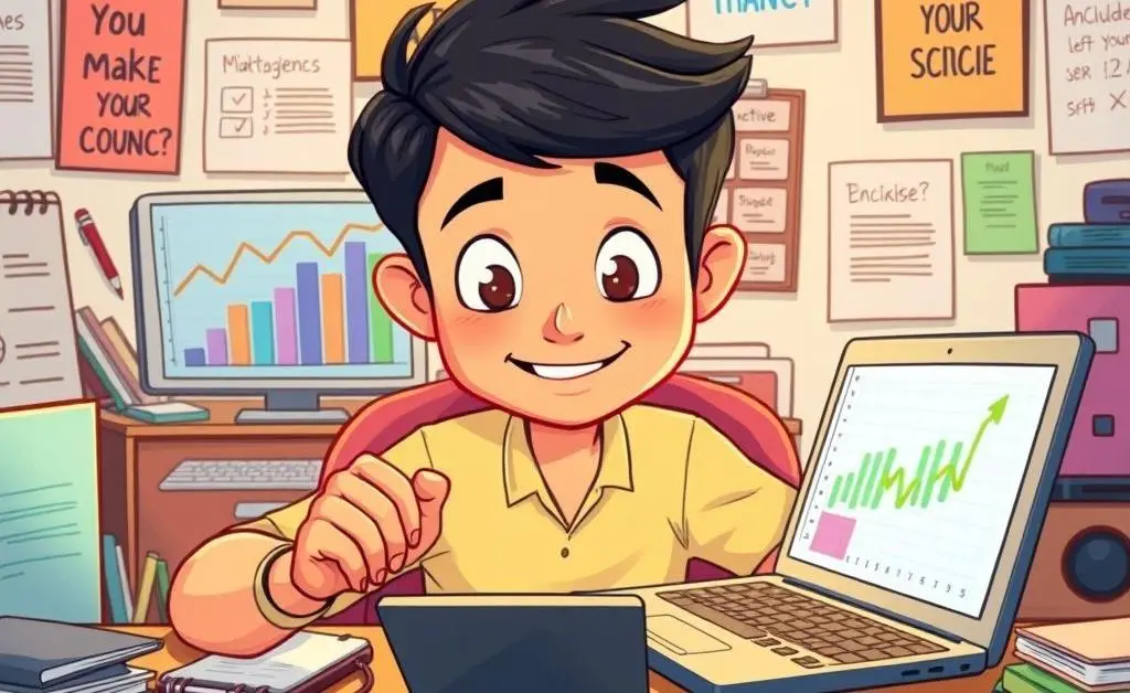 Cartoon-style image of a person calculating expenses in front of a laptop with a calculator and notebooks
