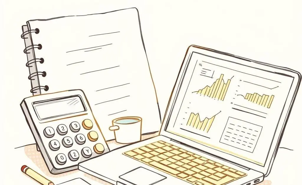 A close-up of a notebook with handwritten budget calculations and a calculator nearby.