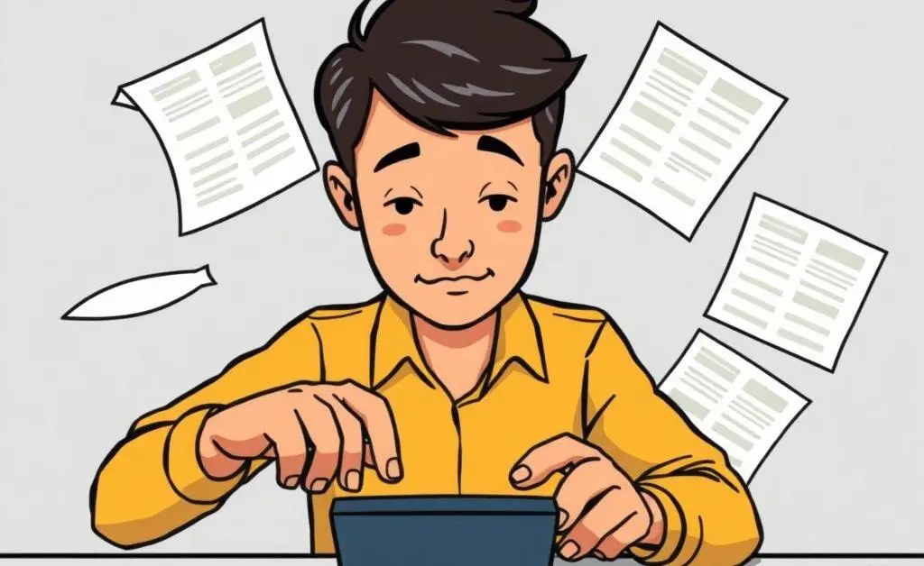 Cartoon-style image of a person using a calculator with clothing items scattered around