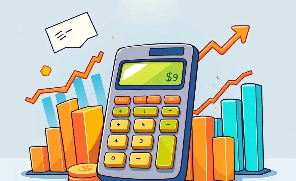 A cartoon-style illustration of a calculator and financial graphs, symbolizing budgeting and planning.