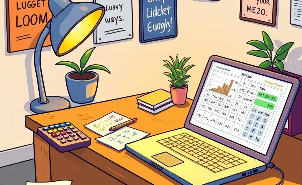 A desk with a calculator, notes, and laptop displaying a budget calculator.