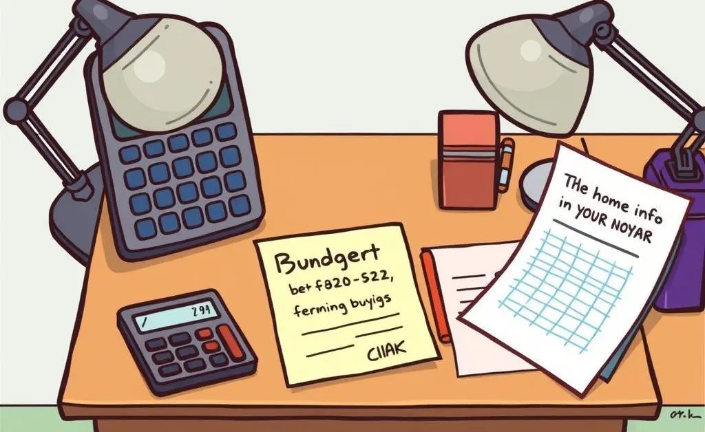 Desk with a budget calculator and notes for home buying