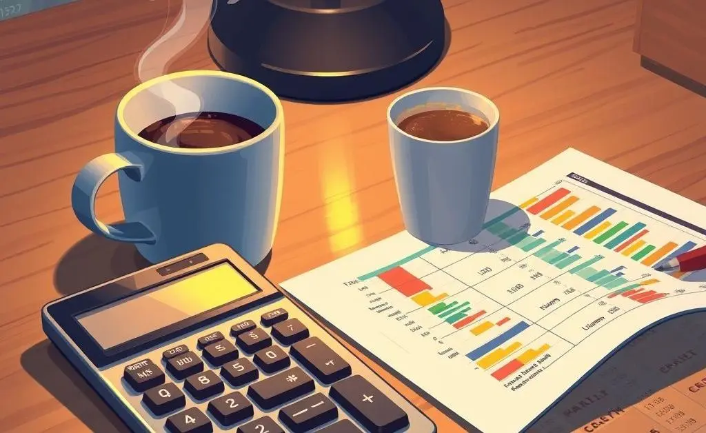 Illustration of a calculator, a coffee cup, and a budget table