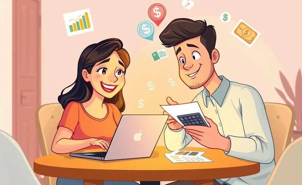 Couple sitting at a table, reviewing their budget using a calculator and a laptop.