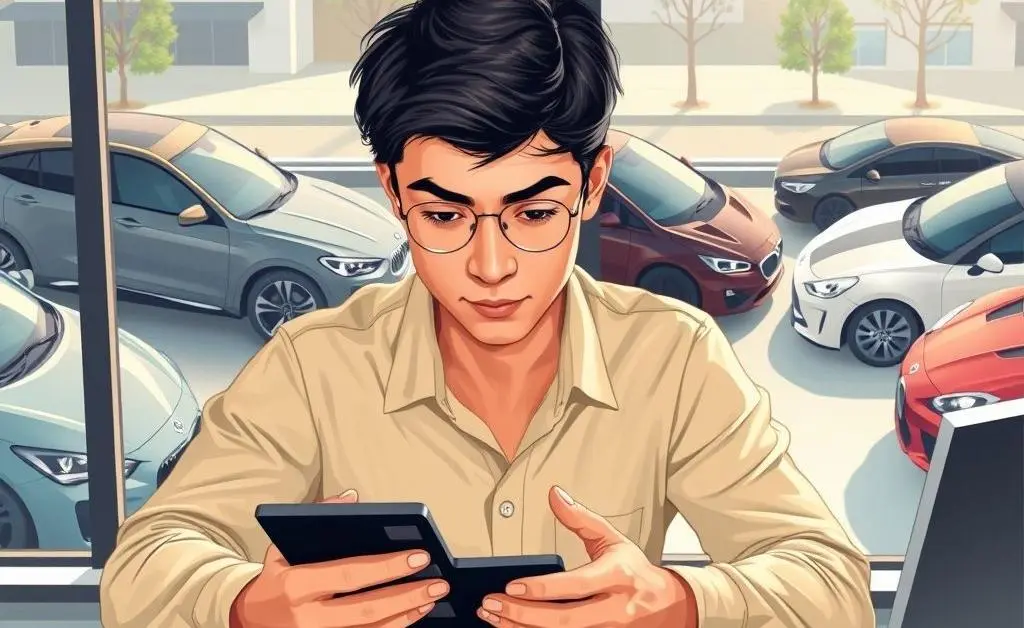 Person using a calculator with cars in the background