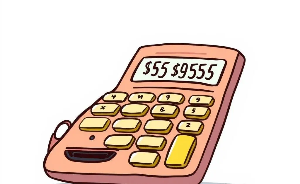 Cartoon of a calculator with car insurance terms and numbers on the screen.