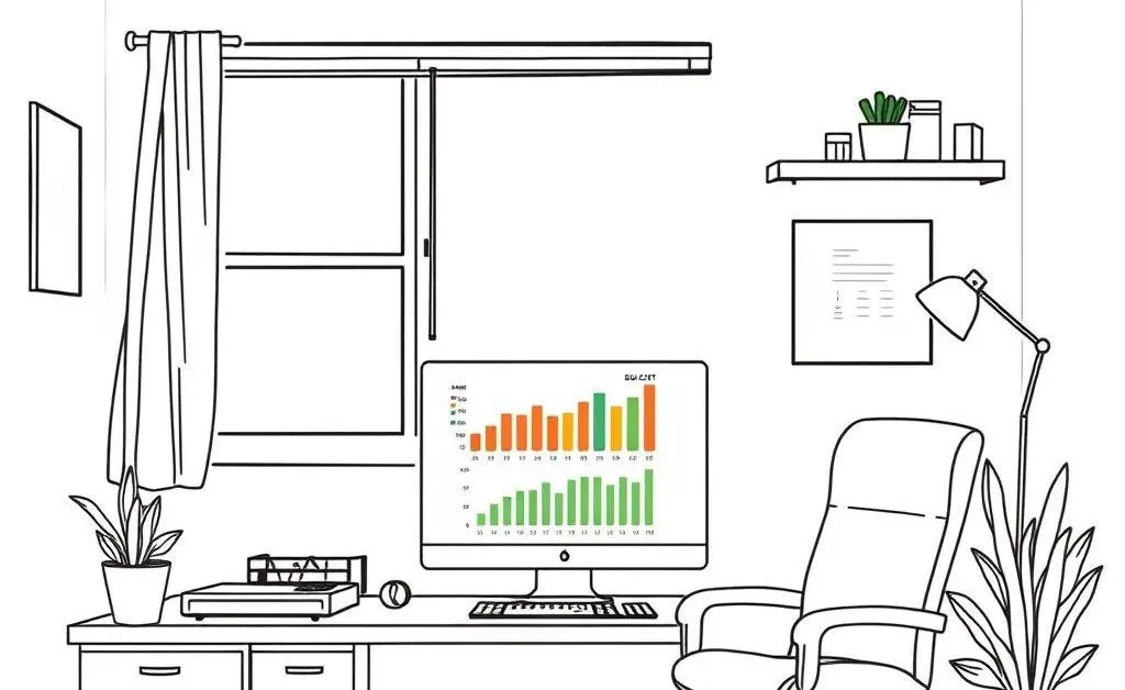 A clean sketch of a home office with a computer displaying a budget chart.