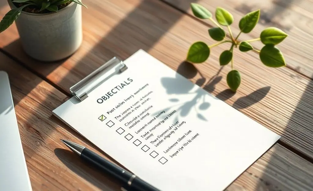A checklist with financial goals, a pen, and a plant on a wooden table.