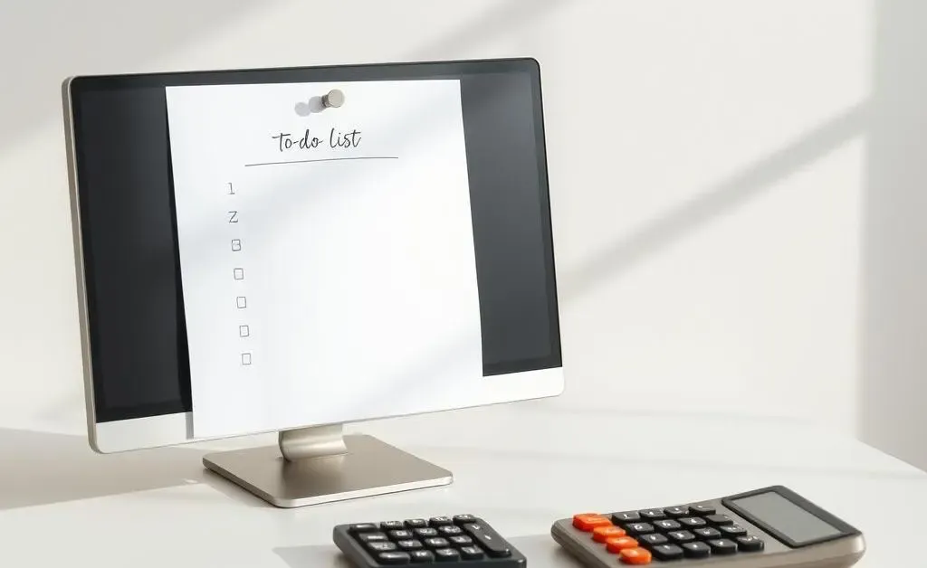 A desk with a budgeting checklist and calculator.