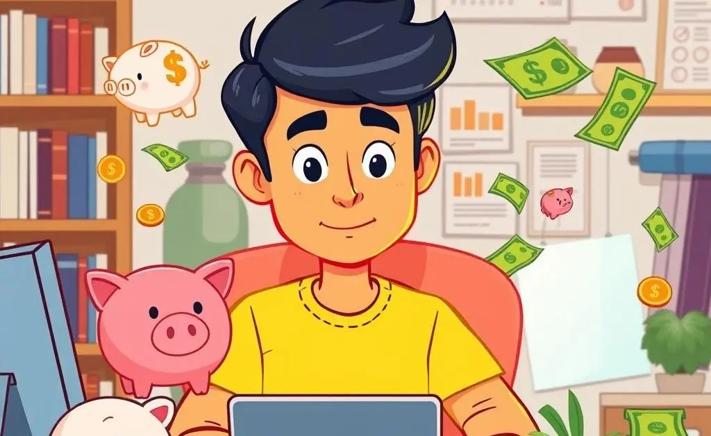 A cartoon-style image of a person budgeting on a computer, with savings icons around them.