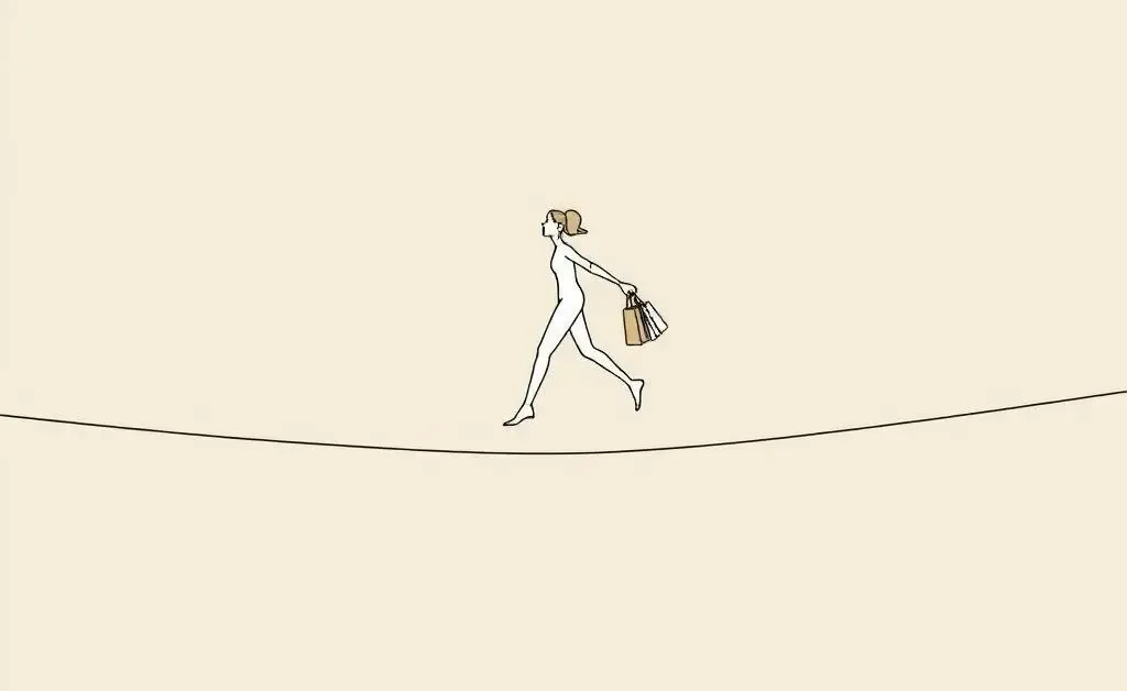 Person balancing on a tightrope with shopping bags