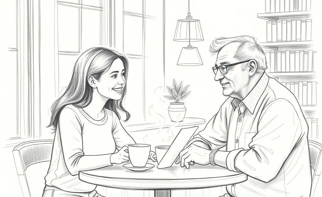 A young adult and parent discussing finances over coffee.