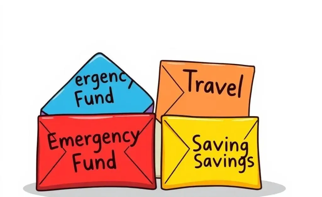 Cartoon drawing of budget envelopes labeled 'Emergency Fund,' 'Travel,' and 'Savings.'