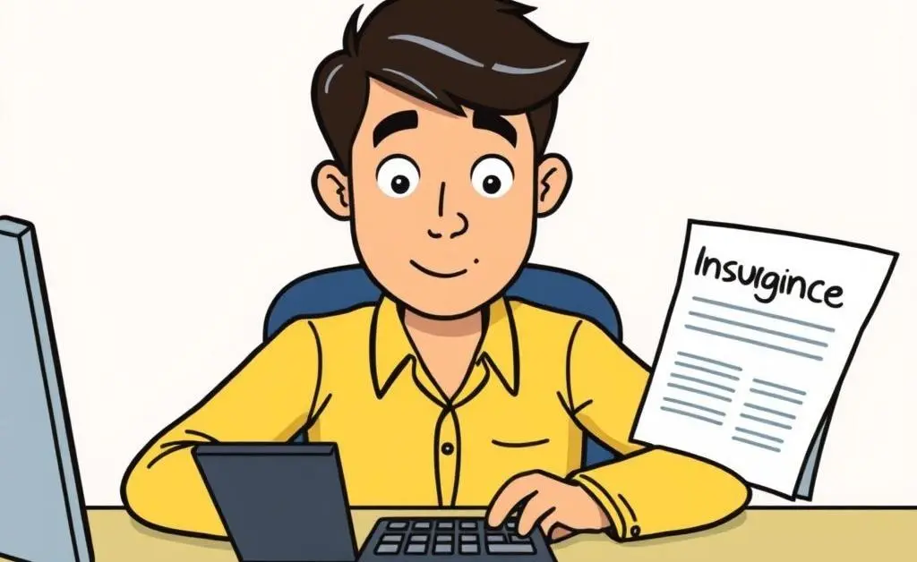 Cartoon-style image of a person at a desk with a calculator and papers labeled 'Insurance Budget'.