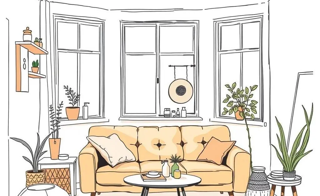 A hand-drawn image of a cozy, minimalist apartment with thrifted decor and a comfy couch.