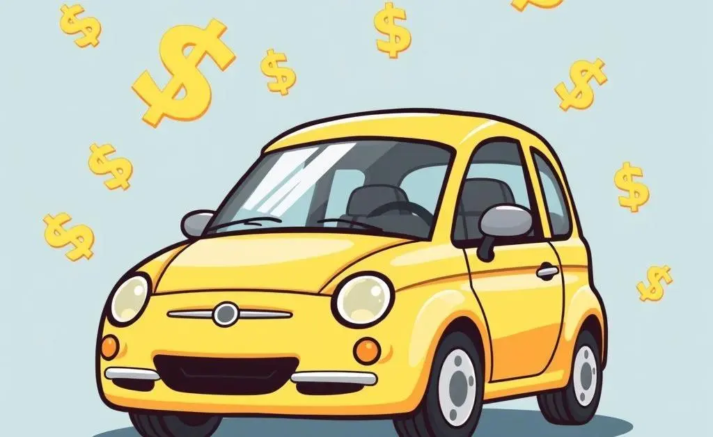 Illustration of a budget-friendly car surrounded by dollar signs.