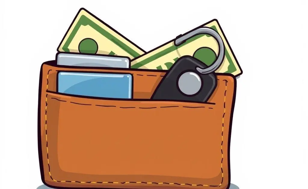 Cartoon-style image of a wallet with dollar bills and a car key still inside.